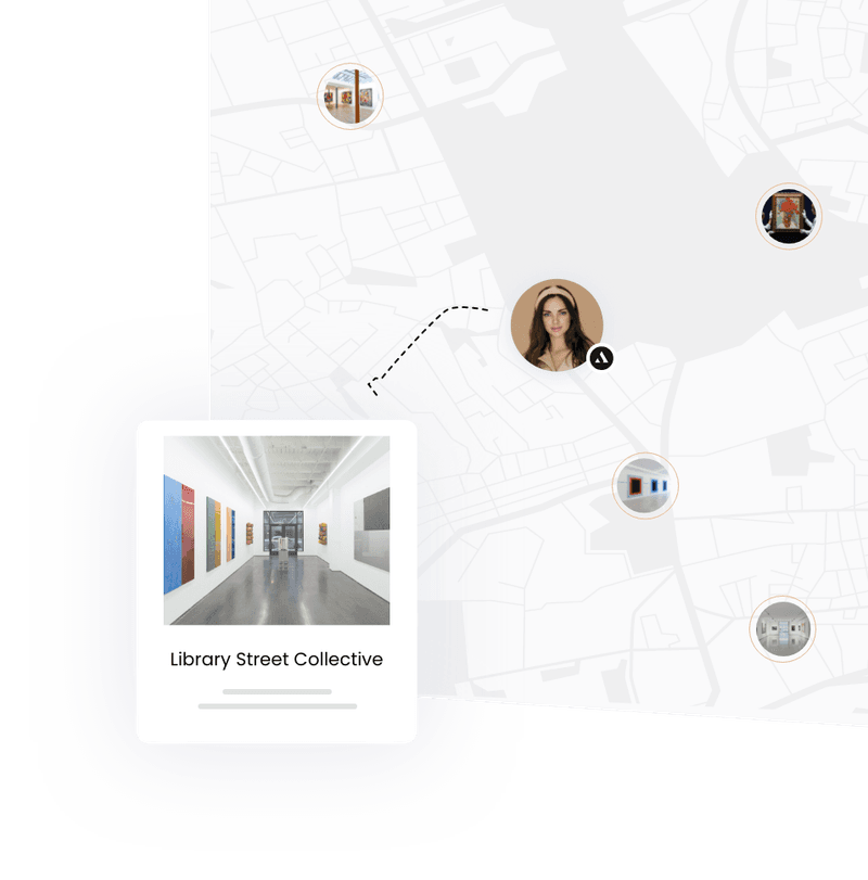 A female art lover sitting in front of abstract artwork at an international museum.