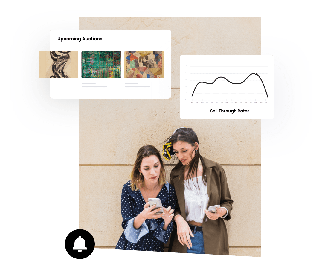 A group of female art collectors receiving a notification about their art collection